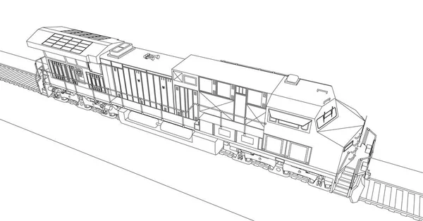 Locomotiva ferroviária diesel moderna com grande potência e força para mover trem ferroviário longo e pesado. Ilustração vetorial com linhas de traçado . —  Vetores de Stock