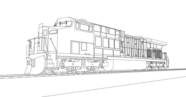 Locomotiva ferroviária diesel moderna com grande potência e força para mover trem ferroviário longo e pesado. Ilustração vetorial com linhas de traçado . —  Vetores de Stock