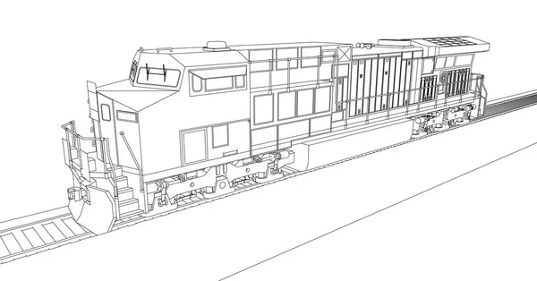 Moderna diesel järnvägen lokomotiv med stor kraft och styrka för att flytta långa och tunga railroad tåg. Vektorillustration med disposition stroke linjer. — Stock vektor