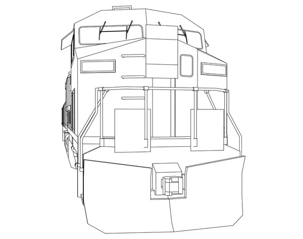 Moderna locomotora de ferrocarril diesel con gran potencia y resistencia para el movimiento de trenes largos y pesados. Ilustración vectorial con líneas de trazo de contorno . — Vector de stock