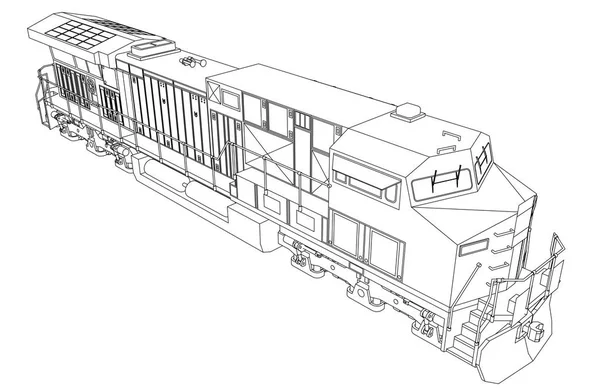 Moderna locomotora de ferrocarril diesel con gran potencia y resistencia para el movimiento de trenes largos y pesados. Ilustración vectorial con líneas de trazo de contorno . — Vector de stock