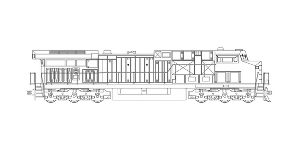 Σύγχρονο diesel σιδηροδρομική ατμομηχανή με μεγάλη δύναμη και αντοχή για την κίνηση μακριά και βαριά Train Σιδηροδρομικές. Εικονογράφηση διάνυσμα με περίγραμμα πινελιάς γραμμές. — Διανυσματικό Αρχείο