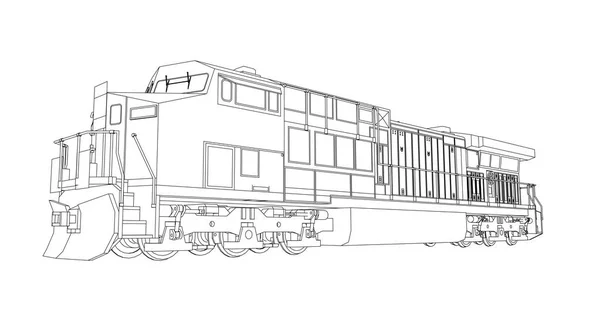 Modern diesel railway locomotive with great power and strength for moving long and heavy railroad train. Vector illustration with outline stroke lines. — Stock Vector