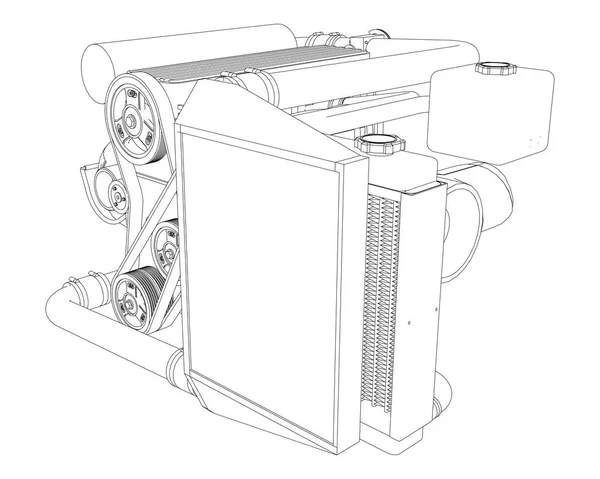 Um motor turbo de quatro cilindros, de alto desempenho para um carro esporte. Ilustração em preto e branco vetorial com um traço de contornos de detalhes . —  Vetores de Stock