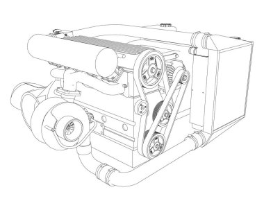 Bir spor otomobil için turbocharged dört silindirli, yüksek performanslı motoru. Siyah ve beyaz vektör çizim kontür bir darbesiyle ayrıntıları.