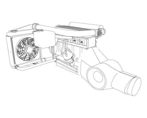 Um motor turbo de quatro cilindros, de alto desempenho para um carro esporte. Ilustração em preto e branco vetorial com um traço de contornos de detalhes . — Vetor de Stock