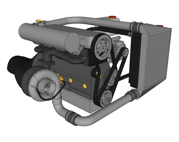 A Turbófeltöltős négy-hengeres, nagy teljesítményű motor, egy sportautó. Vektor színes illusztráció a kontúrok vonásokkal részletek. — Stock Vector