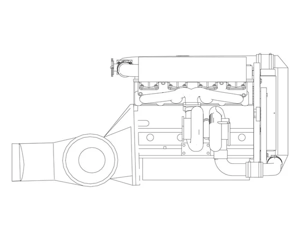 Ένα υπερτροφοδοτούμενο τετρακύλινδρο, υψηλής απόδοσης κινητήρα για ένα σπορ αυτοκίνητο. Εικονογράφηση φορέα μαύρο και άσπρο με ένα κτύπημα του περιγράμματος λεπτομέρειες. — Διανυσματικό Αρχείο