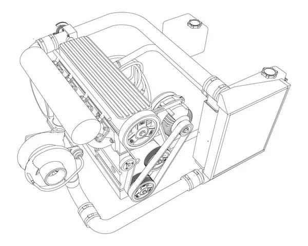 Четырёхцилиндровый турбированный высокопроизводительный двигатель для спортивного автомобиля. Векторная черно-белая иллюстрация с контурами деталей . — стоковый вектор