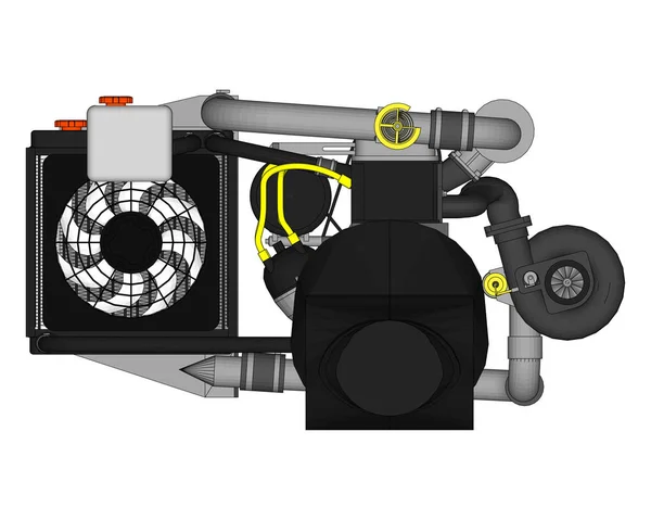 Een turbocharged viercilinder, high-performance motor voor een sportwagen. Vectorillustratie van de kleur met lijnen van contouren van details. — Stockvector