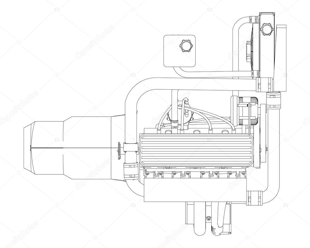 A turbocharged four-cylinder, high-performance engine for a sports car. Vector black and white illustration with a stroke of contours of details.