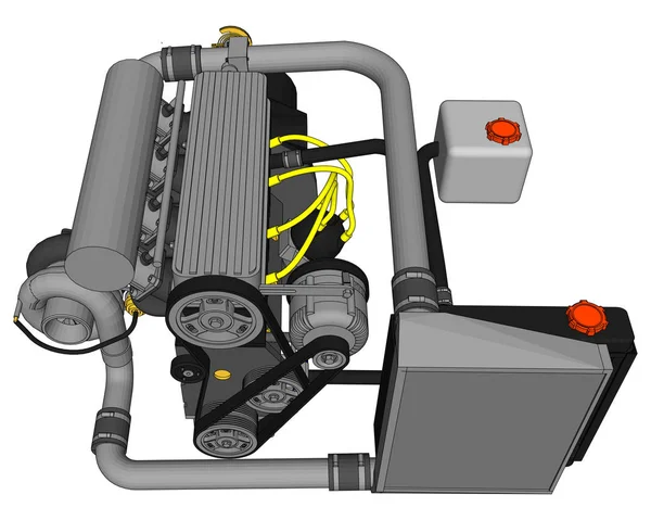 Un motore turbocompresso a quattro cilindri ad alte prestazioni per un'auto sportiva. Illustrazione a colori vettoriale con tratti di contorni di dettagli . — Vettoriale Stock