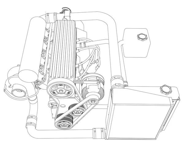 Bir spor otomobil için turbocharged dört silindirli, yüksek performanslı motoru. Siyah ve beyaz vektör çizim kontür bir darbesiyle ayrıntıları. — Stok Vektör