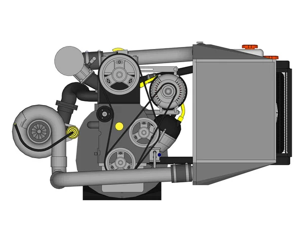 Un motor turboalimentado de cuatro cilindros y alto rendimiento para un automóvil deportivo. Ilustración a color vectorial con trazos de contornos de detalles . — Archivo Imágenes Vectoriales