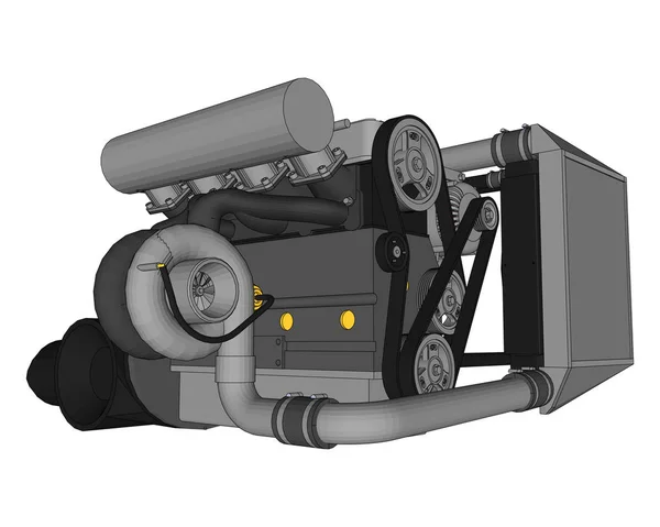 En turboladdad fyrcylindrig, högpresterande motor för en sportbil. Vektorillustration färg med drag av konturer av Detaljer. — Stock vektor