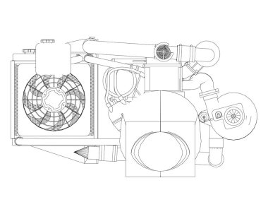 Bir spor otomobil için turbocharged dört silindirli, yüksek performanslı motoru. Siyah ve beyaz vektör çizim kontür bir darbesiyle ayrıntıları.