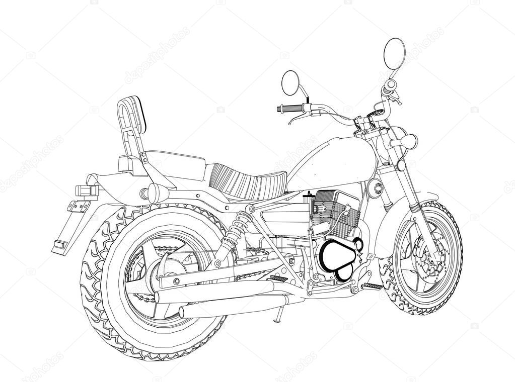 A small chopper is a classic. Vector black and white illustration with contour lines.