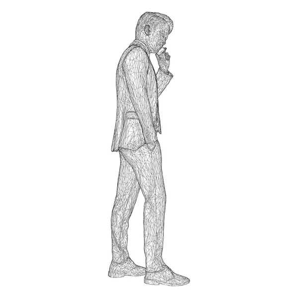 Manliga affärsman i kostym står och pratar i telefon, något luta huvudet. Illustration av tredimensionella polygoner-trianglar skildras med svarta linjer på ett vitt backgrou — Stock vektor