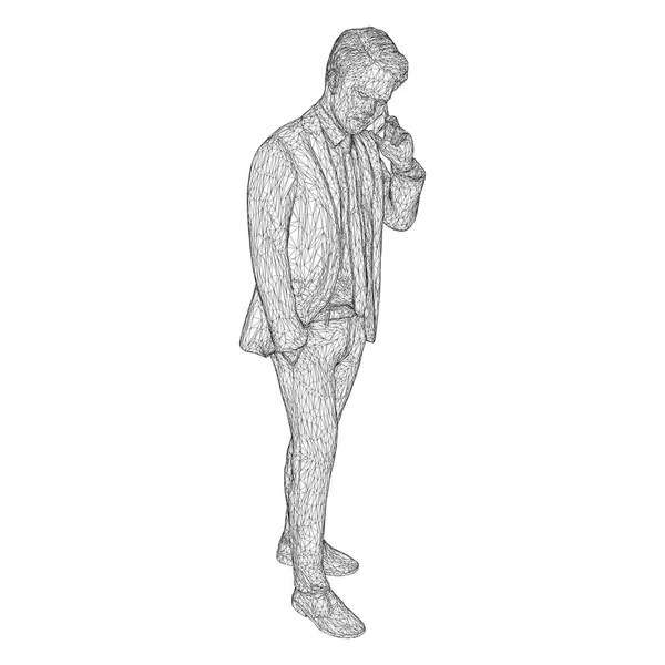 Manliga affärsman i kostym står och pratar i telefon, något luta huvudet. Illustration av tredimensionella polygoner-trianglar skildras med svarta linjer på ett vitt backgrou — Stock vektor