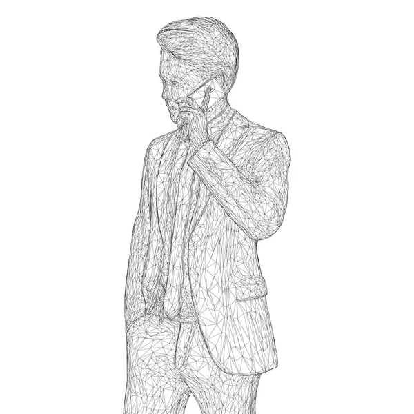 Hombre de negocios en un traje de negocios de pie y hablando por teléfono, ligeramente inclinando la cabeza. Ilustración de polígonos tridimensionales-triángulos se representan con líneas negras sobre un fondo blanco — Vector de stock