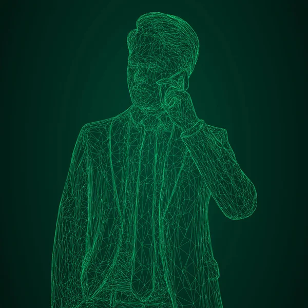 Male businessman in a business suit standing and talking on the phone, slightly tilting her head. Illustration of three-dimensional polygons-triangles are depicted with glowing green lines on a black — Stock Vector