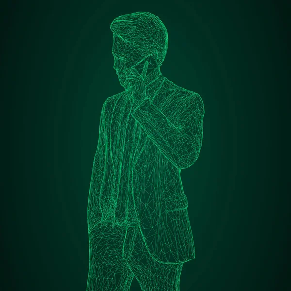 Male businessman in a business suit standing and talking on the phone, slightly tilting her head. Illustration of three-dimensional polygons-triangles are depicted with glowing green lines on a black — Stock Vector