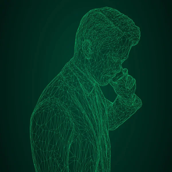 Мужчина бизнесмен в деловом костюме стоит и разговаривает по телефону, слегка наклоняя голову. Иллюстрация трехмерных многоугольников-треугольников изображена с светящимися зелеными линиями на черном — стоковый вектор