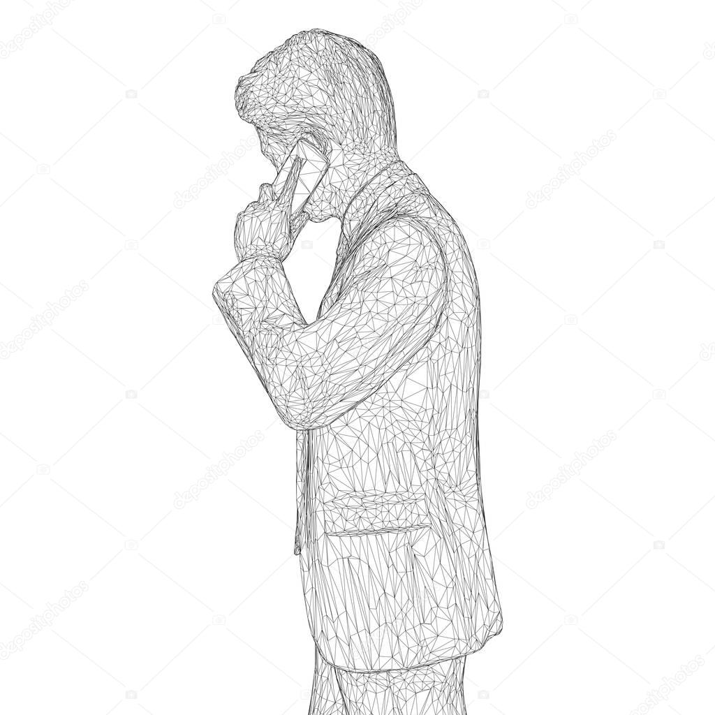Male businessman in a business suit standing and talking on the phone, slightly tilting her head. Illustration of three-dimensional polygons-triangles are depicted with black lines on a white background