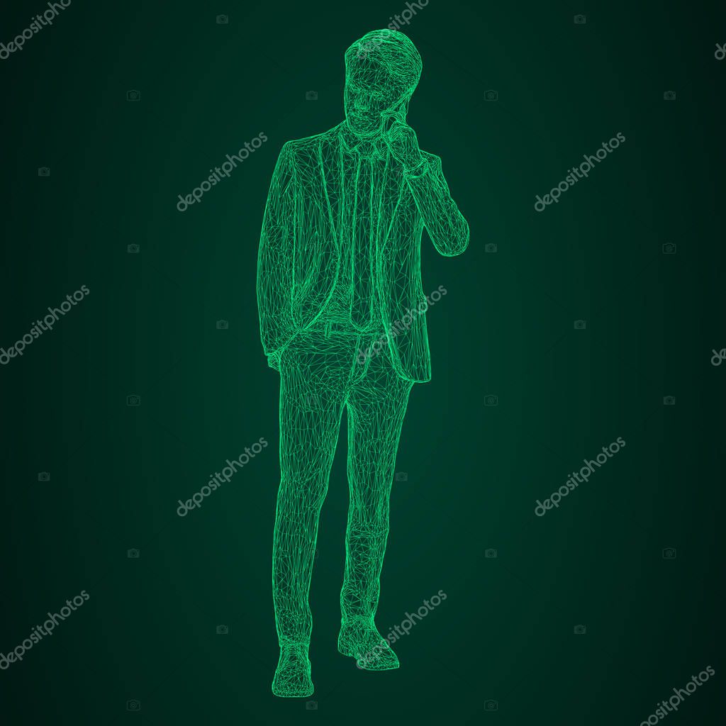 Male businessman in a business suit standing and talking on the phone, slightly tilting her head. Illustration of three-dimensional polygons-triangles are depicted with glowing green lines on a black and green background