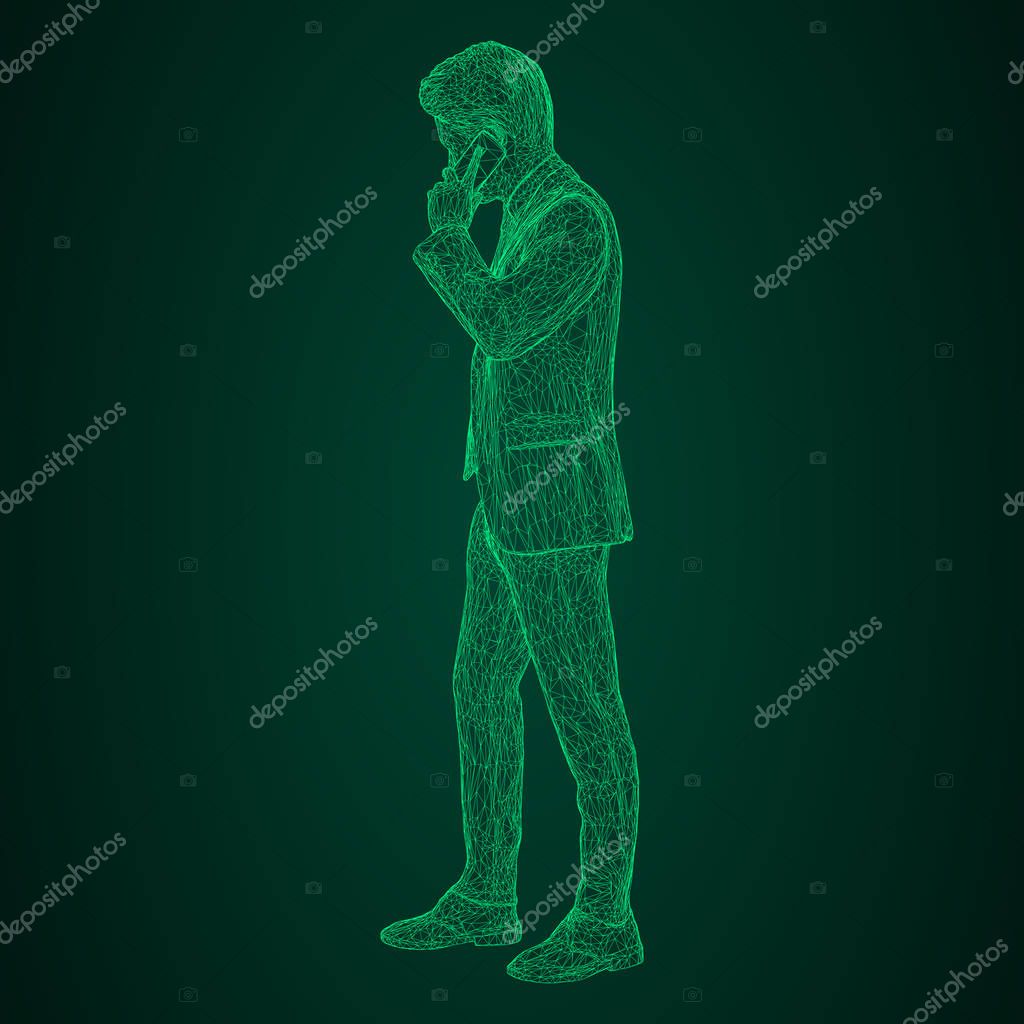 Male businessman in a business suit standing and talking on the phone, slightly tilting her head. Illustration of three-dimensional polygons-triangles are depicted with glowing green lines on a black and green background