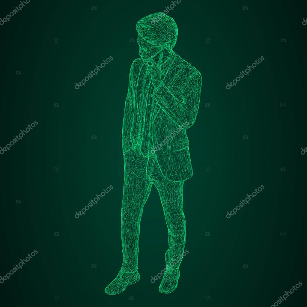 Male businessman in a business suit standing and talking on the phone, slightly tilting her head. Illustration of three-dimensional polygons-triangles are depicted with glowing green lines on a black and green background