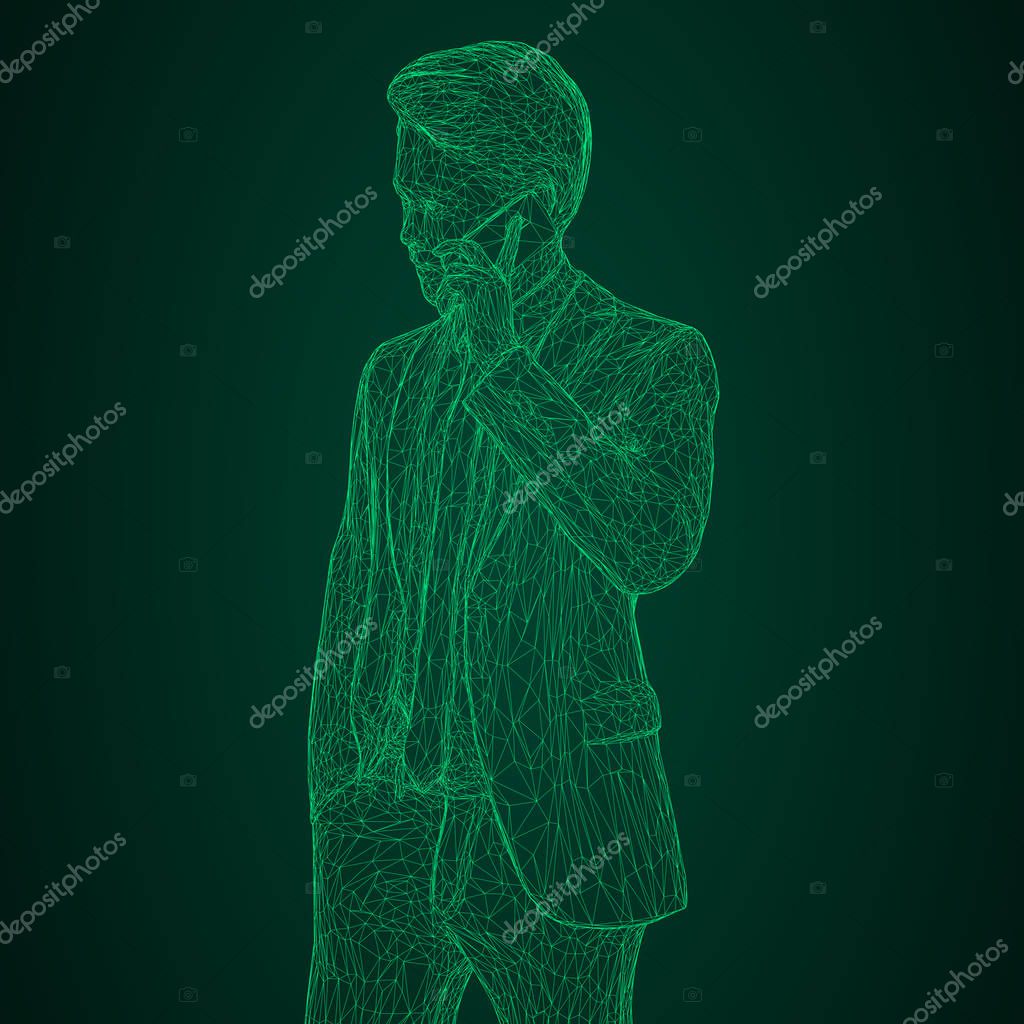 Male businessman in a business suit standing and talking on the phone, slightly tilting her head. Illustration of three-dimensional polygons-triangles are depicted with glowing green lines on a black and green background