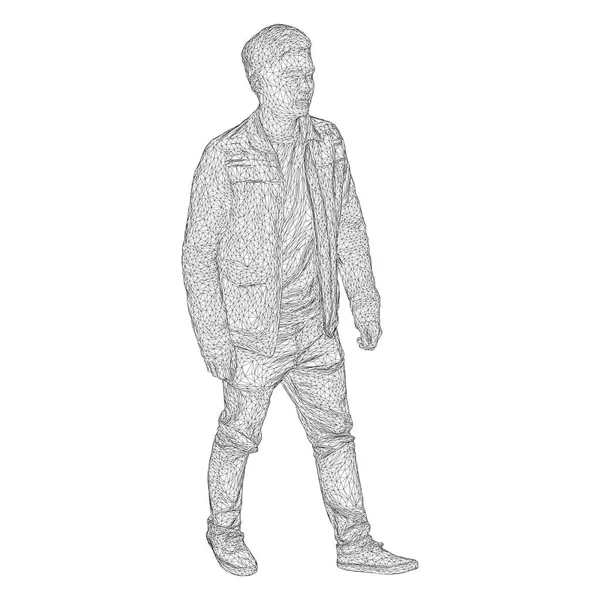 Mannen i jackan går någonstans. Arter från olika sidor. Vektorillustration av ett svart trekantig rutnät på vit bakgrund. — Stock vektor