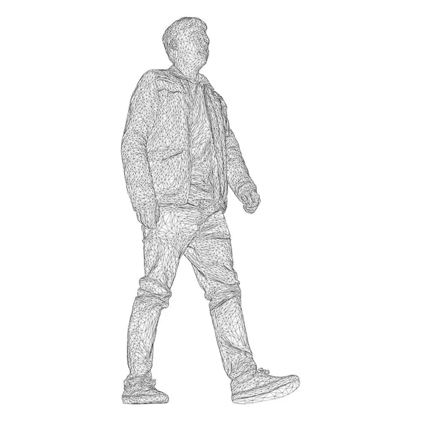 Ο άνθρωπος με το σακάκι είναι το περπάτημα κάπου. Είδη από διάφορες πλευρές. Εικονογράφηση διάνυσμα από ένα μαύρο τριγωνικό πλέγμα σε λευκό φόντο. — Διανυσματικό Αρχείο