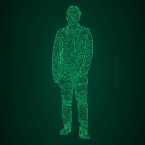 The man in the jacket is walking somewhere. Species from different sides. Vector illustration of a green neon glowing triangular grid on a black-and-green background. — Stock Vector