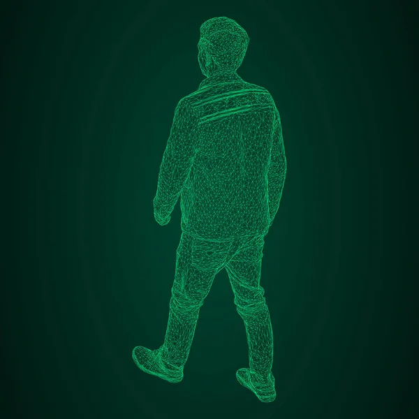 El hombre de la chaqueta está caminando por alguna parte. Especies de diferentes lados. Ilustración vectorial de una cuadrícula triangular brillante de neón verde sobre un fondo negro y verde . — Vector de stock