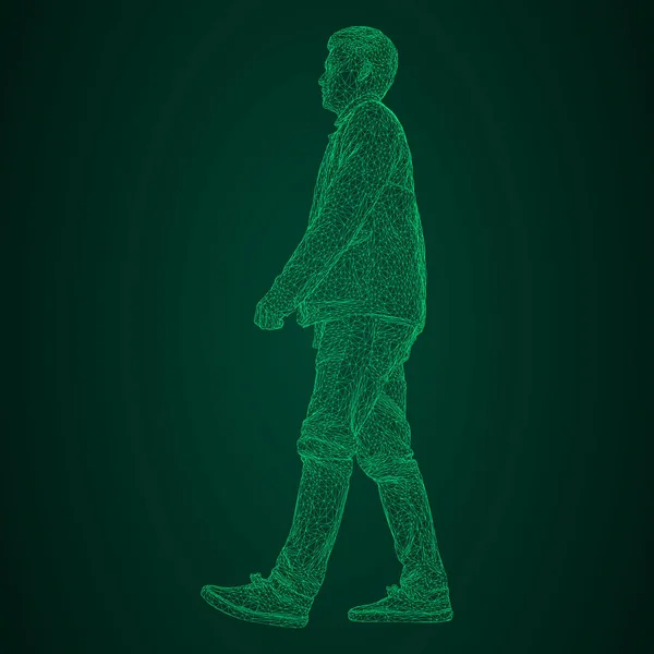 El hombre de la chaqueta está caminando por alguna parte. Especies de diferentes lados. Ilustración vectorial de una cuadrícula triangular brillante de neón verde sobre un fondo negro y verde . — Vector de stock
