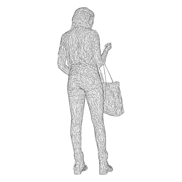 En kvinna med en väska på hennes böjd hand. Vektorillustration av en svart triangulära nät på en vit bakgrund. — Stock vektor