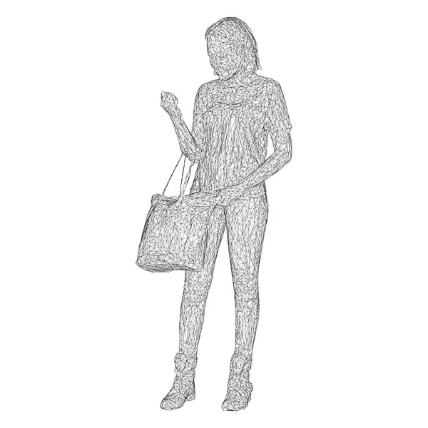A woman with a bag on her bent hand. Vector illustration of a black triangular mesh on a white background. — Stock Vector