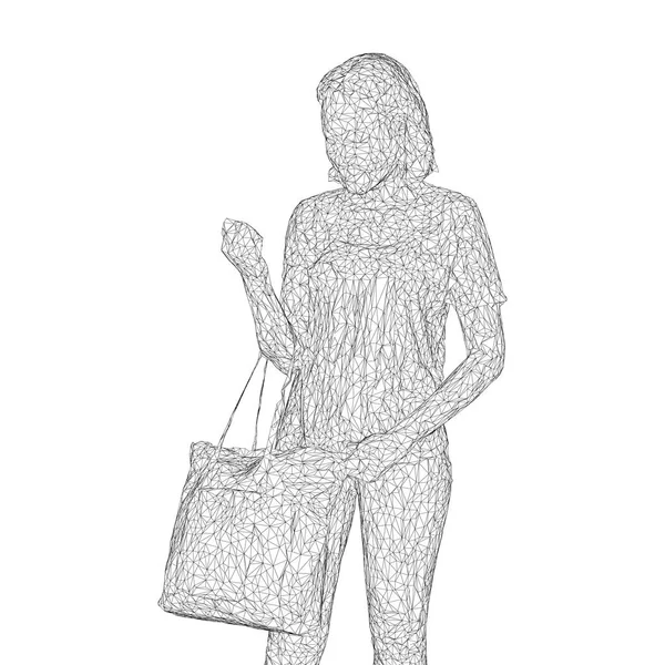 A woman with a bag on her bent hand. Vector illustration of a black triangular mesh on a white background. — Stock Vector