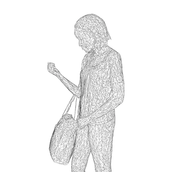 En kvinna med en väska på hennes böjd hand. Vektorillustration av en svart triangulära nät på en vit bakgrund. — Stock vektor