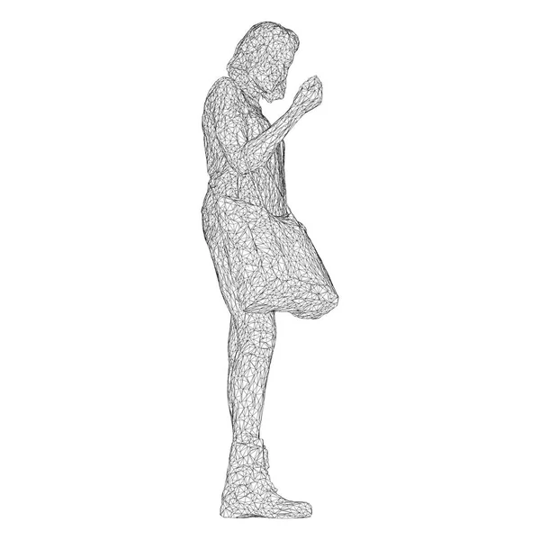Женщина с сумкой на согнутой руке. Векторная иллюстрация черной треугольной сетки на белом фоне . — стоковый вектор