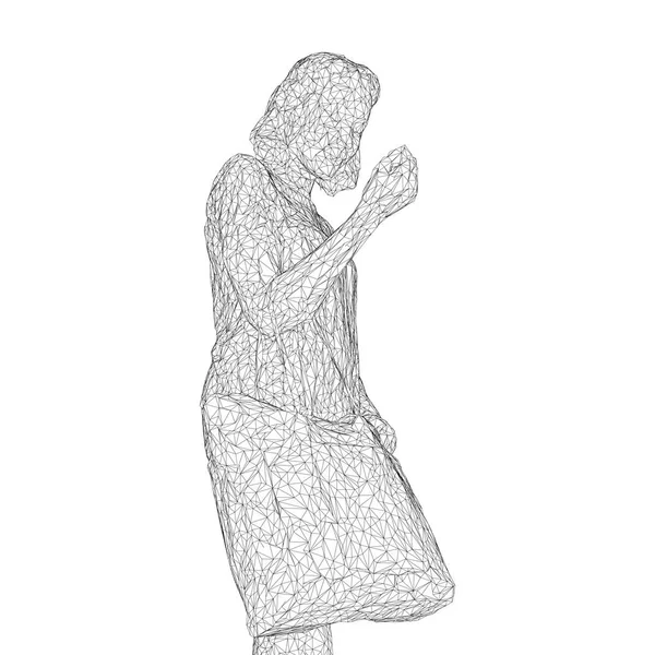 Žena s pytlem v ruce ohnuté. Vektorové ilustrace černé trojúhelníkové mřížky na bílém pozadí. — Stockový vektor