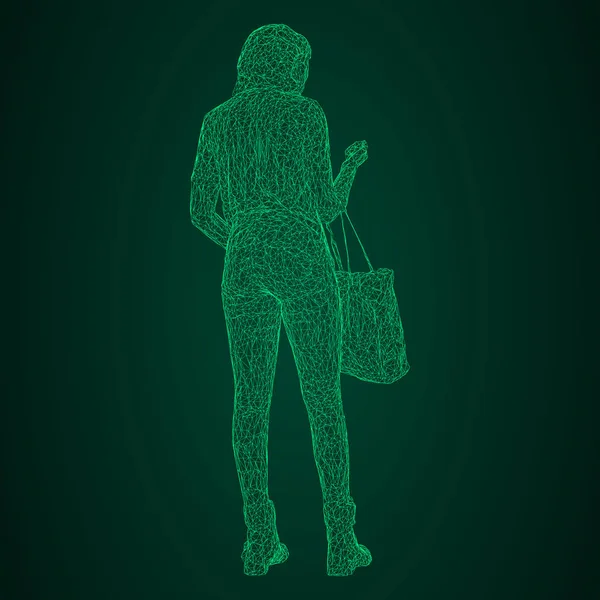 Seorang wanita dengan tas di tangannya bengkok. Ilustrasi vektor dari kisi segitiga bercahaya hijau pada latar belakang hitam-hijau . - Stok Vektor