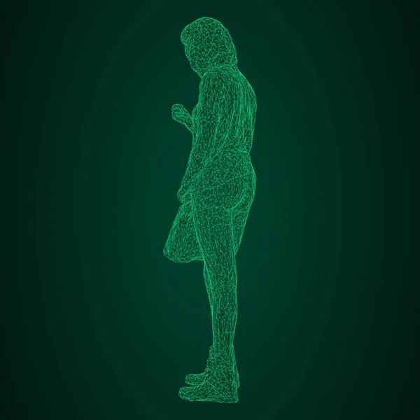 Una mujer con una bolsa en la mano doblada. Ilustración vectorial de una rejilla triangular luminosa verde sobre un fondo negro y verde . — Vector de stock