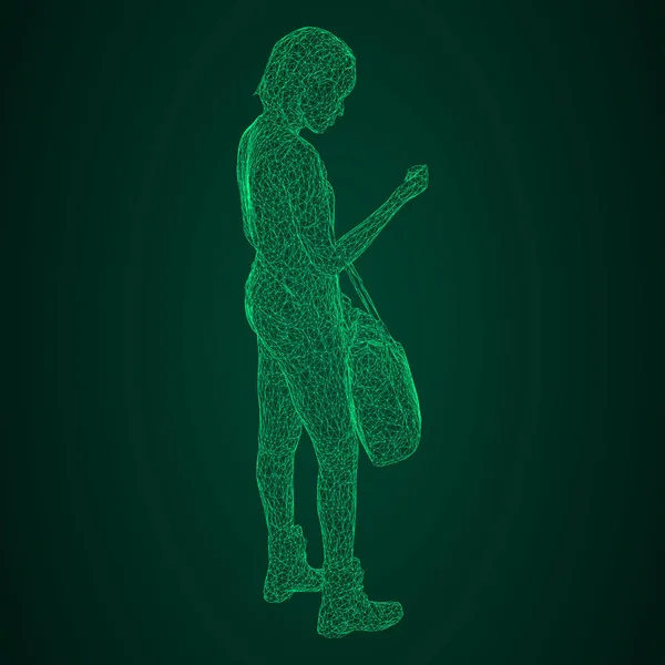 Une femme avec un sac sur la main. Illustration vectorielle d'une grille triangulaire lumineuse verte sur fond noir et vert . — Image vectorielle