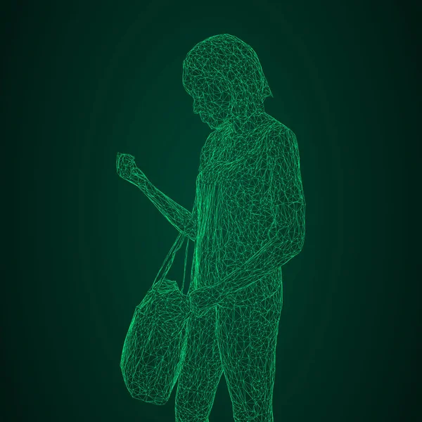 Seorang wanita dengan tas di tangannya bengkok. Ilustrasi vektor dari kisi segitiga bercahaya hijau pada latar belakang hitam-hijau . - Stok Vektor