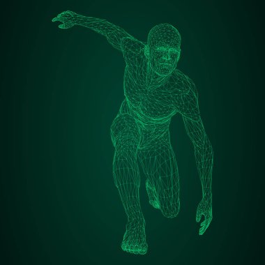 Erkek atlet discus makinesi veya bir koşucu, düşük bekleme veya yeniden başlatma. Farklı iki tarafın sayısı. Arka plan siyah ve yeşil üçgen mesh parlayan yeşil neon vektör çizim.