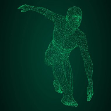 Erkek atlet discus makinesi veya bir koşucu, düşük bekleme veya yeniden başlatma. Farklı iki tarafın sayısı. Arka plan siyah ve yeşil üçgen mesh parlayan yeşil neon vektör çizim.