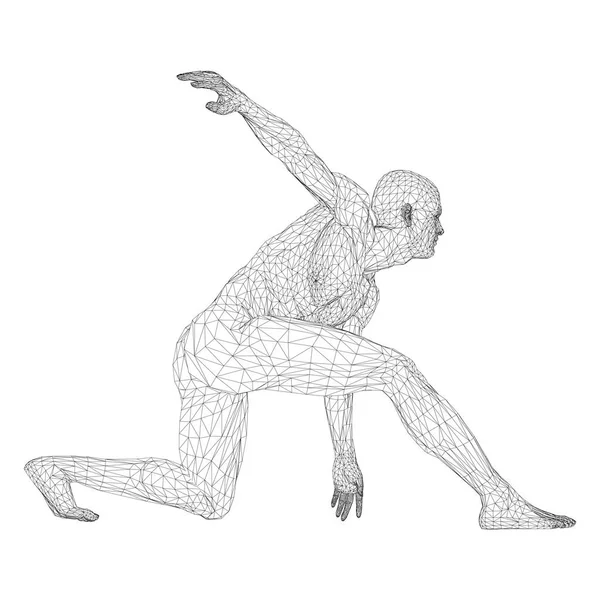 Δισκοβόλος αρσενικό αθλητής ή ένας δρομέας, αναμονής ή χαμηλή εκκίνηση. Απόψεις από διαφορετικές πλευρές. Εικονογράφηση διάνυσμα μαύρο, τριγωνικό πλέγμα σε λευκό φόντο. — Διανυσματικό Αρχείο